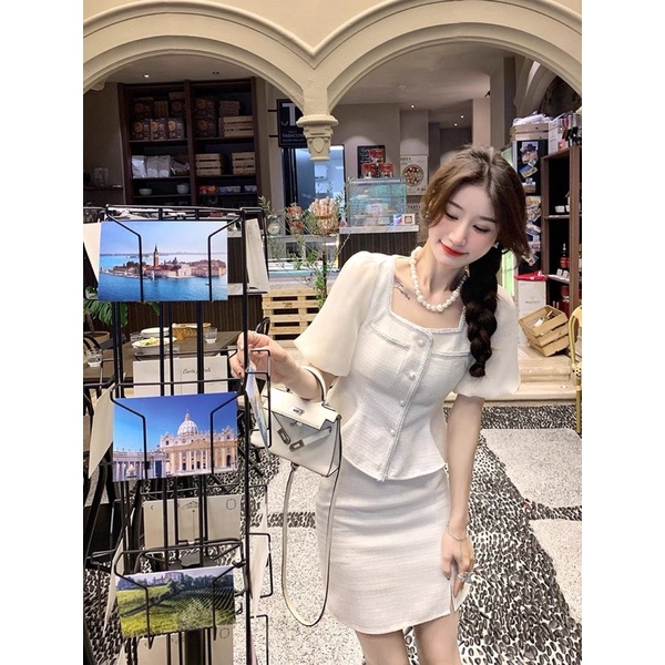 SET ÁO DẠ TAY PHỐI VOAN PEPLUM XOÈ NHẸ NÚT CỔ VIỀN REN + CHÂN VÁY XẺ