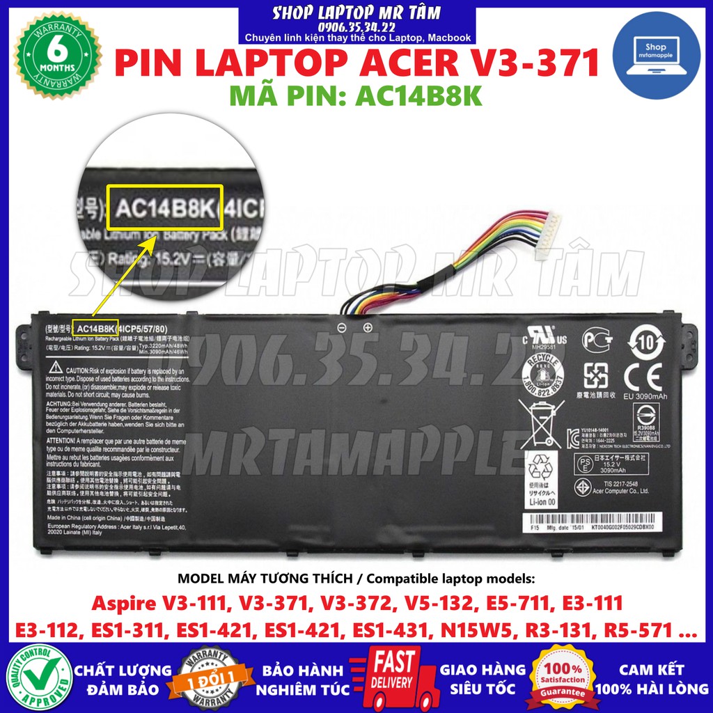 (BATTERY) Pin Laptop ACER V3-371 (AC14B8K) - 4 CELL -  Aspire V3-111, V3-371, V3-372, V5-132, E5-711, E3-111, E3-112