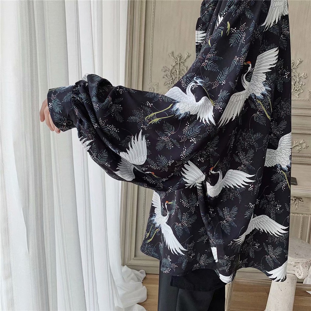 Áo sơ mi tay dài họa tiết chim sếu thời trang phong cách dành cho nam | BigBuy360 - bigbuy360.vn