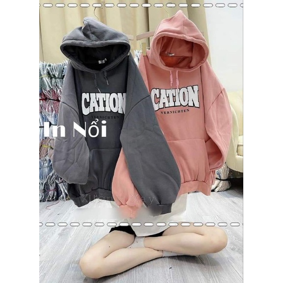Áo Hoodie Cation Form Thụng Tay Lỡ Mũ 2 Lớp Dày Dặn, Chữ In Nổi Kiểu Dáng Trẻ Trung Năng Động