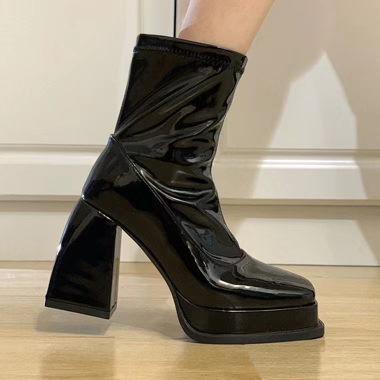 Giày Bốt Cao Gót Da Bóng Mũi Vuông Thời Trang Cá Tính Cho Nữ bốt gót bốt bóng giày bốt nữ 9CM