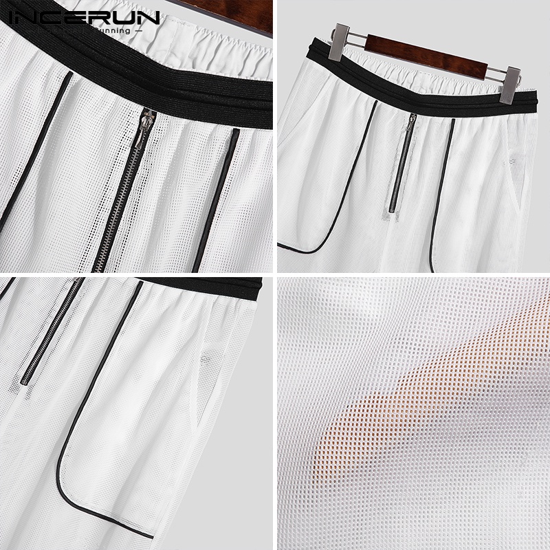 INCERUN Quần ống rộng Màu Trắng Phối Lưới Xuyên Thấu Thời Trang Cho Nam