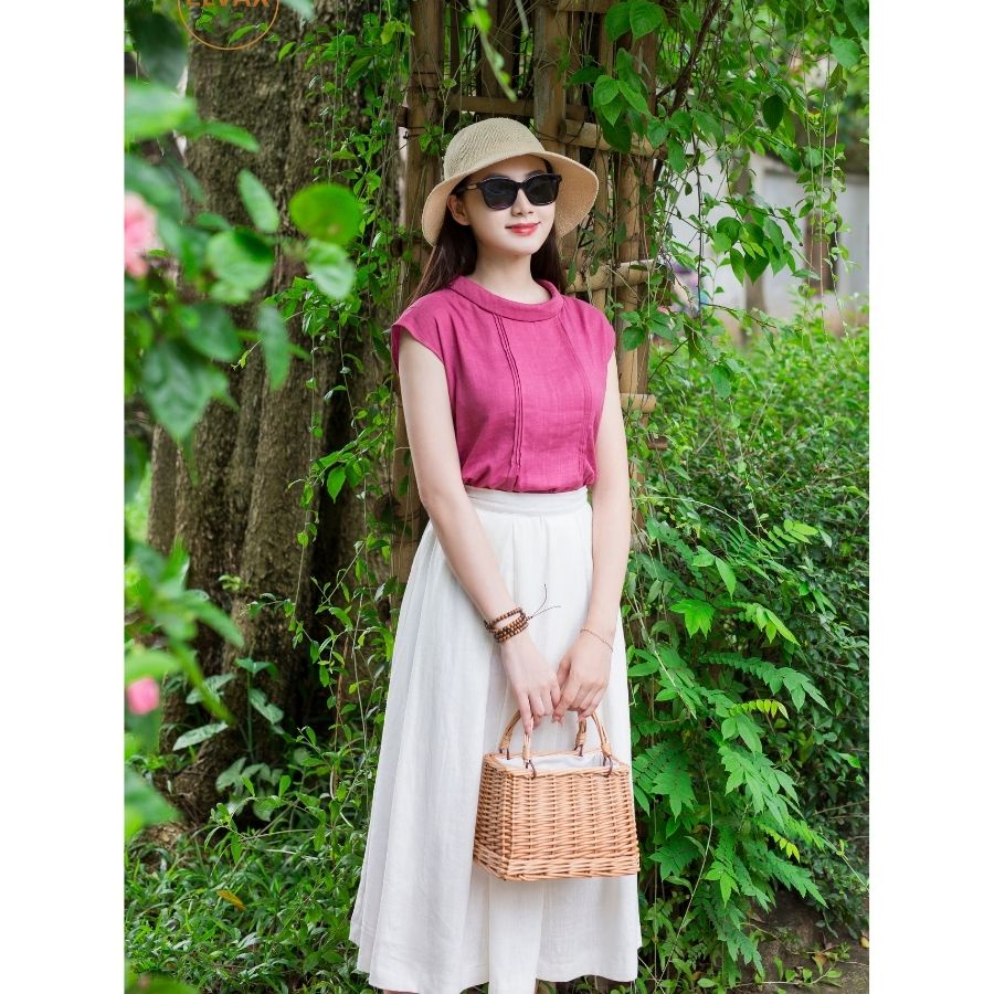 Bộ Đồ Linen Nữ ELVAX Áo Sơ Mi Suông Tay Hến, Chân Váy Dài Chất Lượng Linen Gân Xước