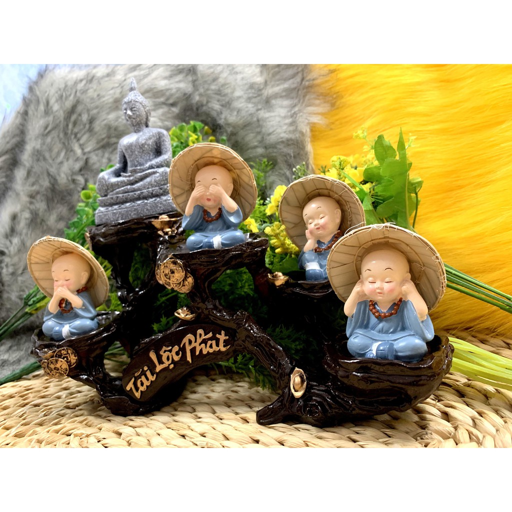 Tượng Phật và các chú tiểu tứ không nón lá tọa đế Tài Lộc Phát