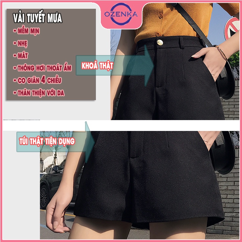 Quần short ngắn cạp cao nữ OZENKA , quần đùi đẹp khoá thật túi thật cạp chun màu đen da chất tuyết mưa cao cấp