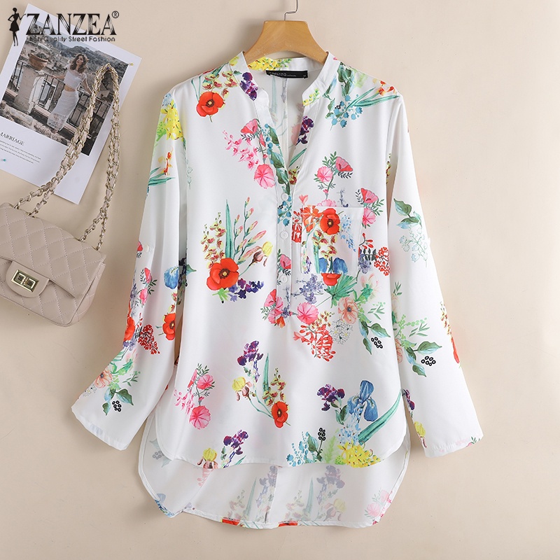 Áo sơ mi ZANZEA tay dài cổ chữ V dáng rộng in hoa vạt thấp và cao thời trang cổ điển cho nữ