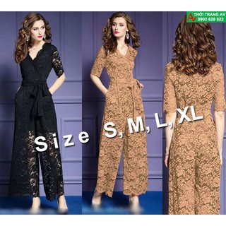 Jumpsuit - Đồ bay dài tay lỡ cổ tim phối ren thắt nơ eo sang trọng - AV5966