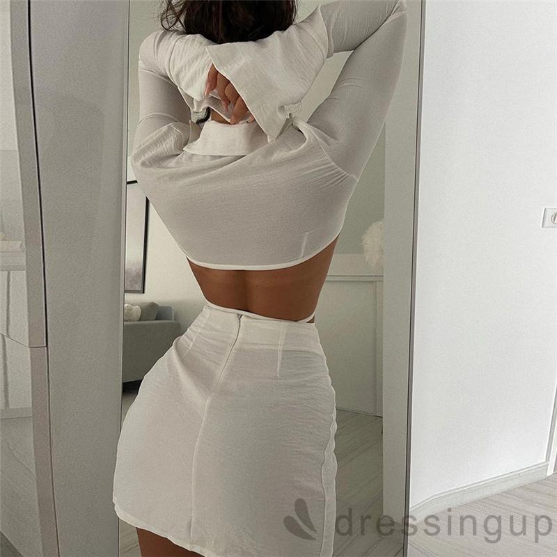 Set áo tay dài màu trơn thắt dây + chân váy ngắn xẻ tà thời trang quyến rũ cho nữ