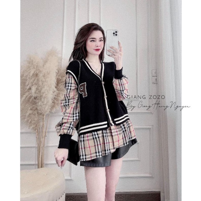 Set áo sơ mi kẻ phối gile len tăm mềm đẹp.Áo sơ mi phối gile ấm áp.