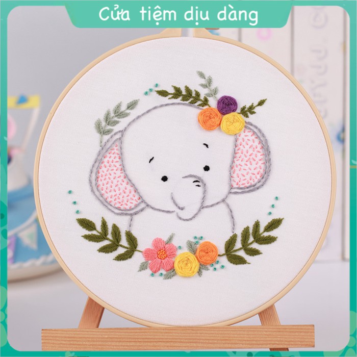 Kit thêu tay - Bộ nguyên liệu thêu tranh Động vật mẫu cute (kèm khung ,vải in sẵn mẫu và chỉ thêu, kim)