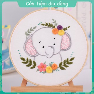 Kit thêu tay - Bộ nguyên liệu thêu tranh Động vật mẫu cute (kèm khung ,vải in sẵn mẫu và chỉ thêu, kim)