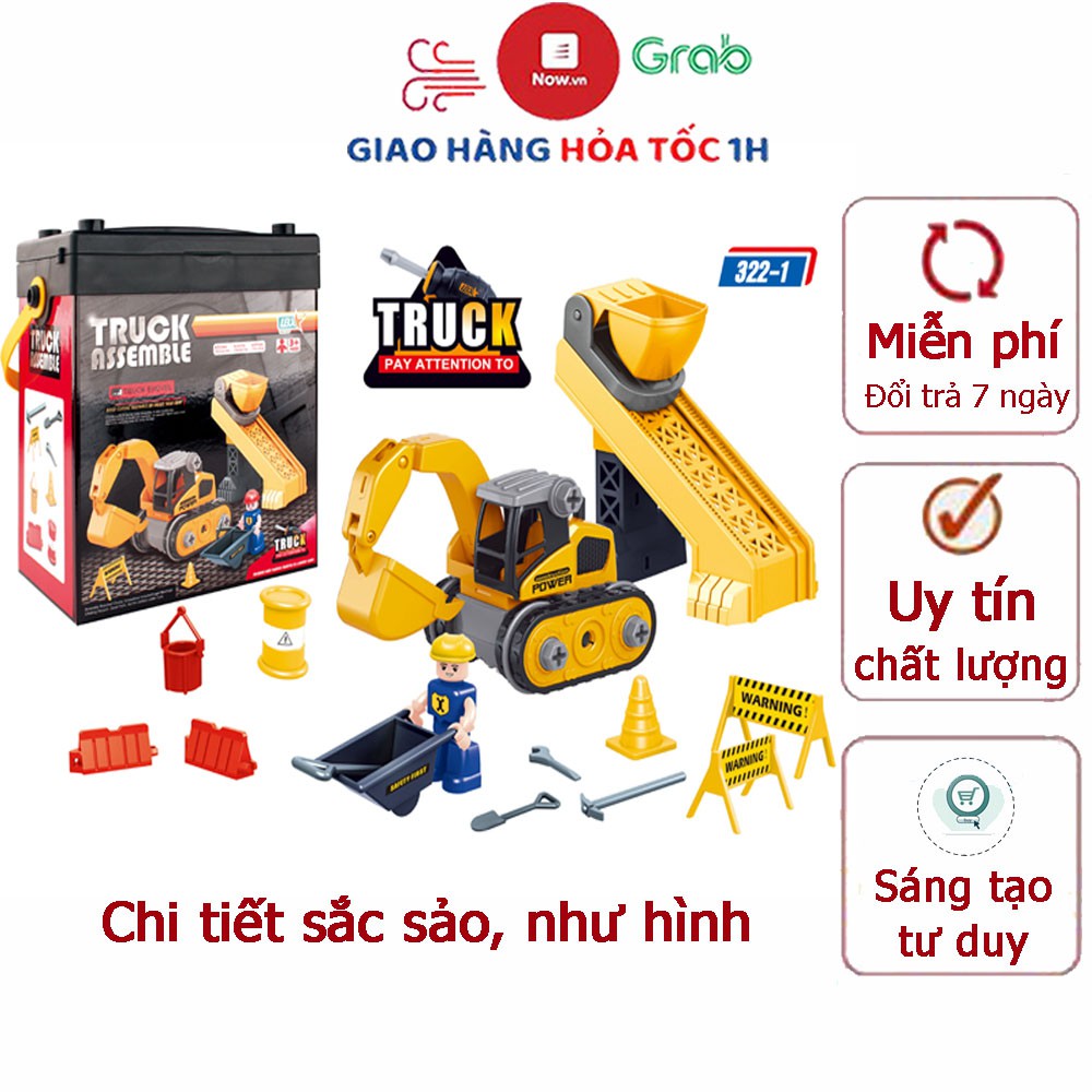 Đồ chơi xe xúc kèm thang hàng có tua vít hình người, biển báo sticker có hộp đựng