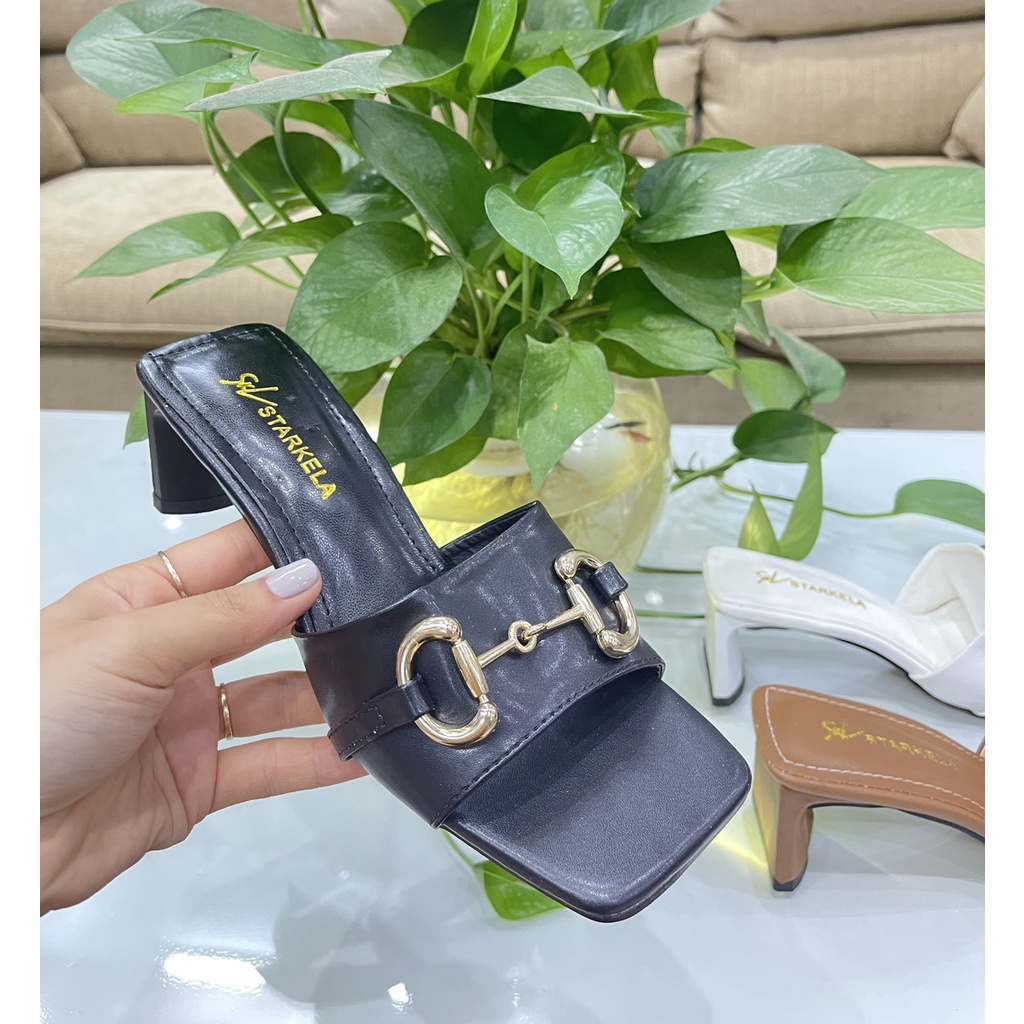 Guốc da mịn bản to khuy ngang gót trụ mỏng - 7P