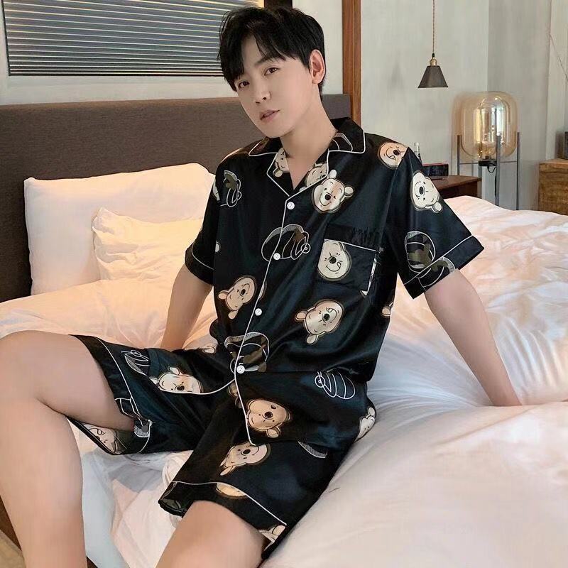 Men's Summer Pajamas Silk Short Sleeve Slim Shorts Fertilizer Large Size Men's Cartoon Youth Student Home Service Suit | BigBuy360 - bigbuy360.vn