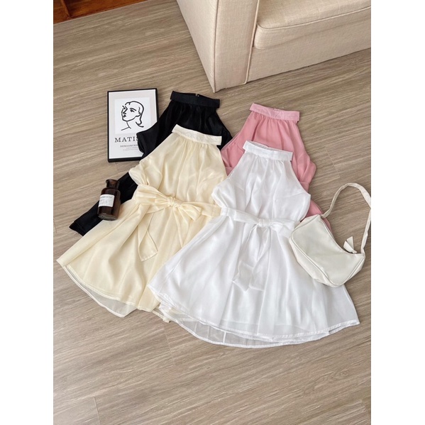 Áo cổ yếm voan tơ tiểu thư kèm dây nơ rời Pea Store