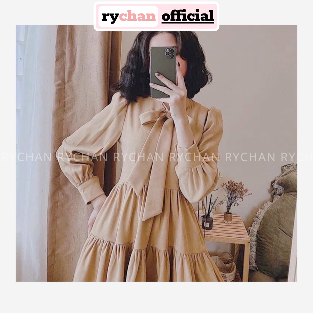 Đầm Xòe Dài Tay 2 Tầng Thắt Nơ Cổ Điệu Đà [Ảnh Thật Cuối] - DX0030