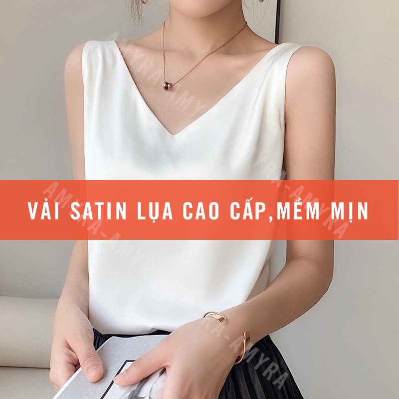 Áo 2 dây lụa Satin nữ cao cấp cổ tim siêu mịn mát Freesize Basic AMYRA AD004