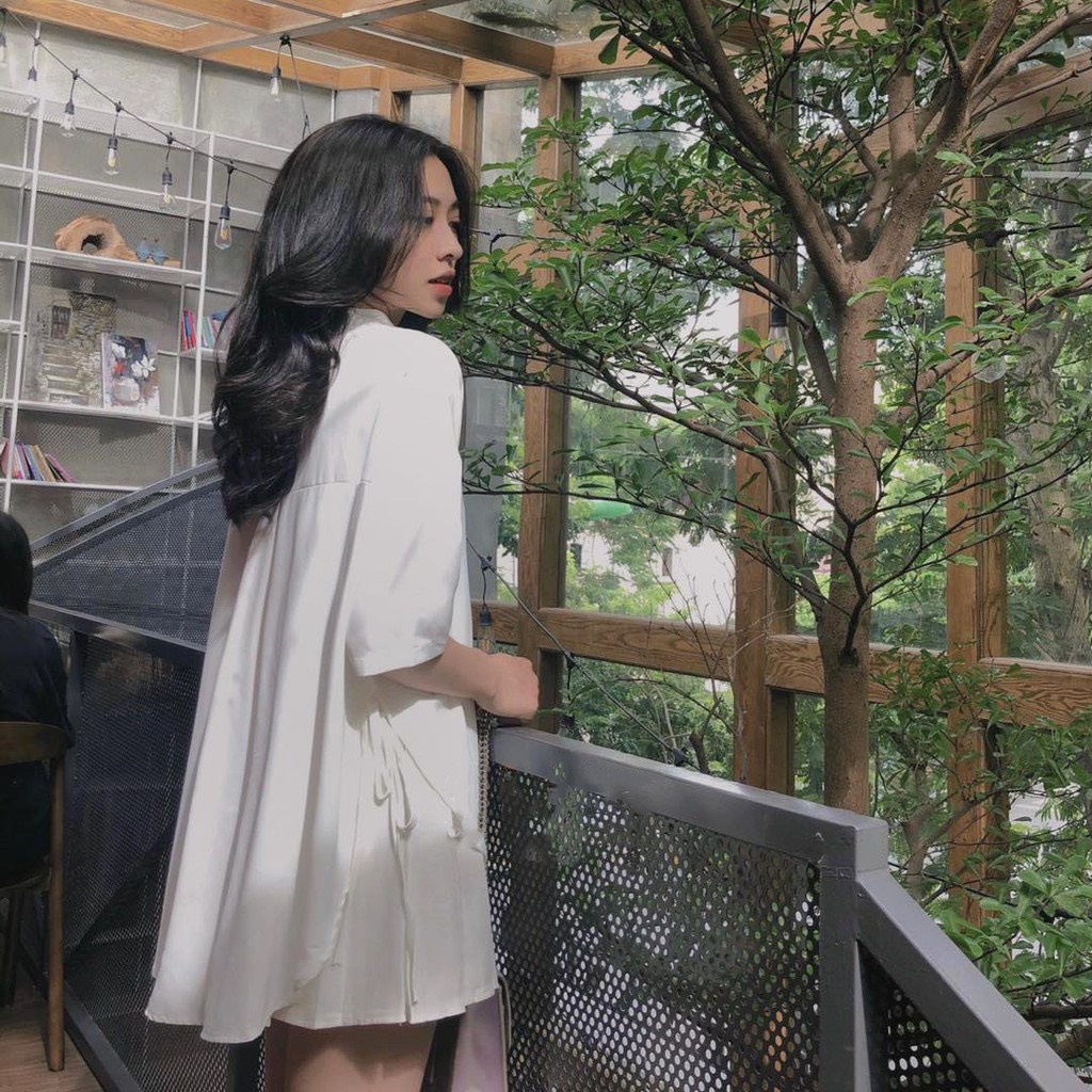 Áo Sơ Mi Lụa Nữ Các Màu Thắt Nơ Dáng Rộng Tay Lỡ Oversize Trơn Somi Freesize Nâu Xanh Trắng Ulzzang Buộc Dây