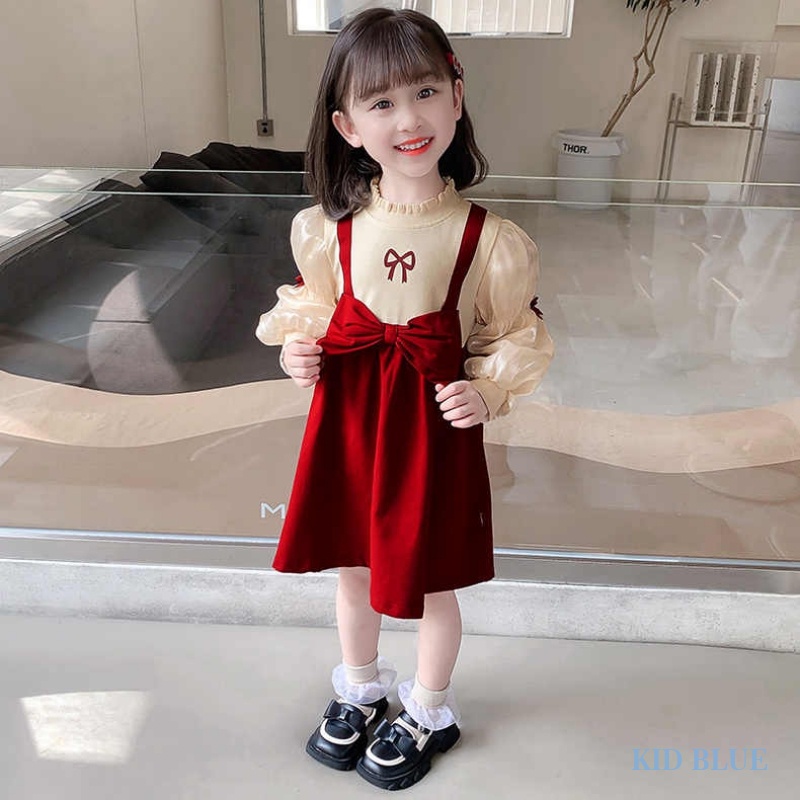 Đầm Công Chúa Giả Hai Lớp Phối Ren Thắt Nơ Xinh Xắn Dành Cho Bé Gái