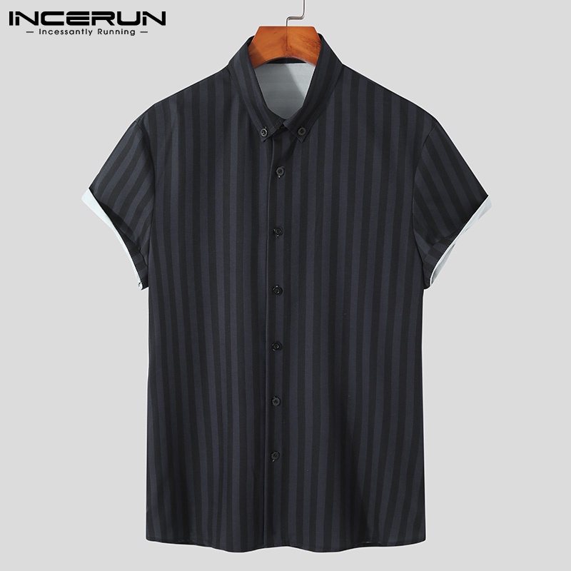 Áo sơ mi Incerun tay ngắn dáng rộng kẻ sọc cài nút 3 màu thời trang cho nam