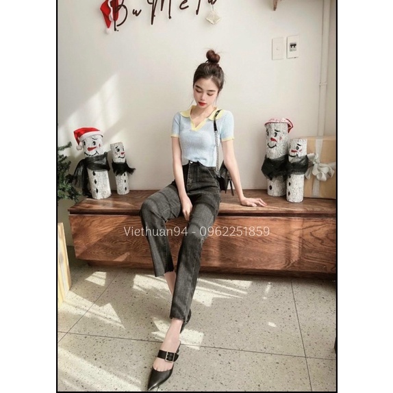 Quần jeans basic ống đứng lưng cao túi đắp xám chất giãn đẹp