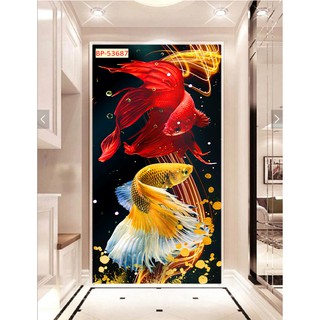 Dán tường trang trí phòng khách bằng tranh 3D Cá chép hoa sen lụa kim sa cao cấp giá rẻ siêu bền đẹp nhiều mẫu