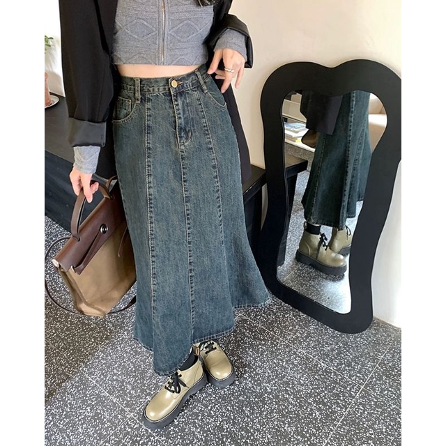 Chân váy bò đuôi cá thanh lịch đáng yêu cực độc, jeans dáng dài xếp ly