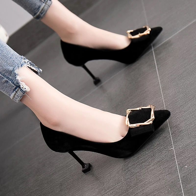 Giày Cao Gót Da Lộn Mũi Vuông Màu Đen Phong Cách Hàn Quốc Thời Trang Cho Nữ