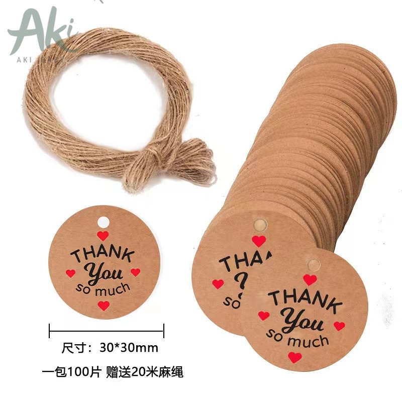 Giá xưởng- 100 Tag treo cảm ơn thank you giấy da bò kraft xinh xắn tặng kèm 20m dây đay dây gai làm đồ handmade/quà tặng