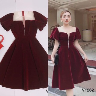 Đầm nhung xòe dự tiệc kết cườm sang trọng