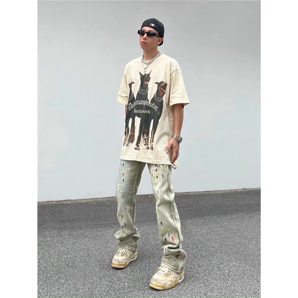 Áo thun tay lỡ in hình 3 chú chó có 4 màu