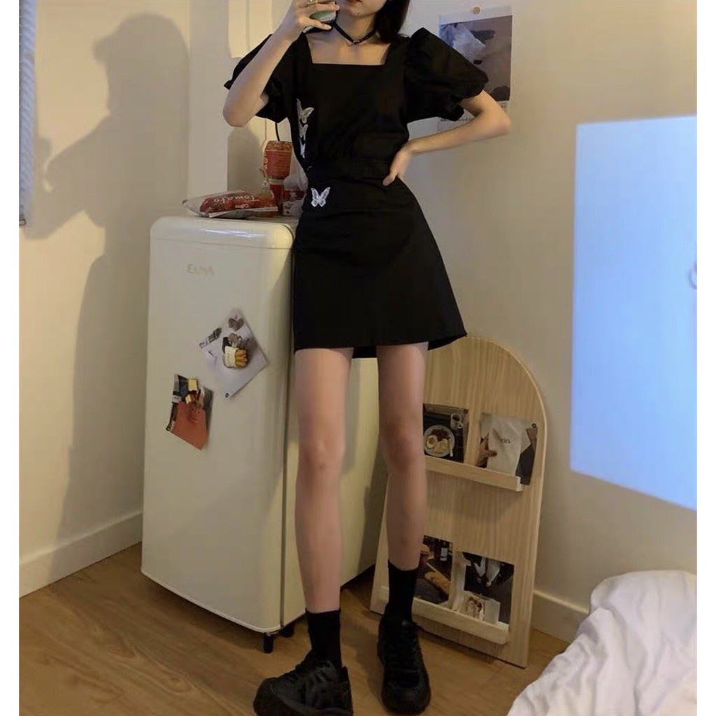 Bộ Chân Váy Nữ Áo Cổ Vuông In Bướm 🦋 Set Áo Váy Nữ Ngắn Màu Đen