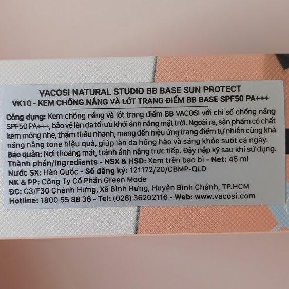 Kem chống nắng VACOSI BB BASE SUN PROTECT SPF50 PA+++ (và lót trang điểm)