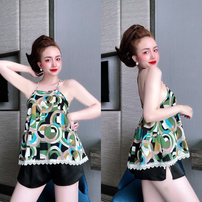 Set đồ bộ 2 dây sexy mặc nhà cổ yếm dây chéo lưng phối ren mùa hè mát mẻ thoải mái