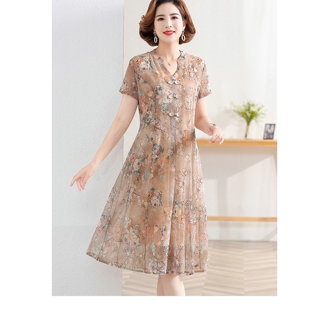 Đầm Tay Ngắn Cổ Chữ V Họa Tiết Hoa Thời Trang Mùa Hè Dành Cho Nữ Trung Niên 50 Tuổi