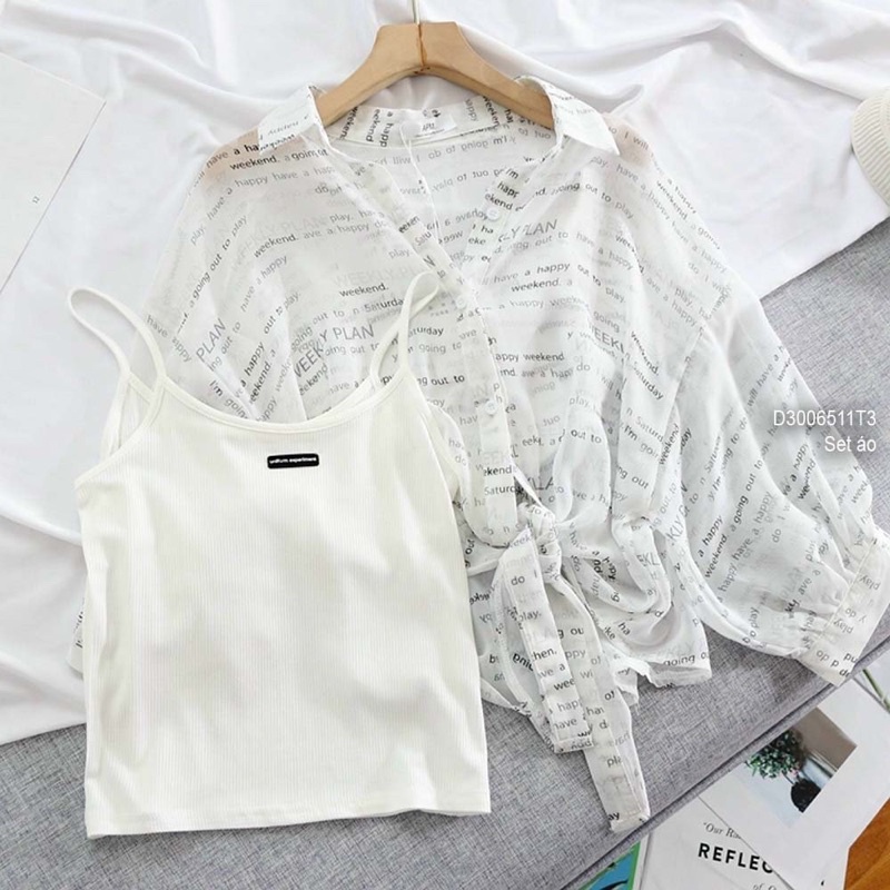 Set áo sơ mi họa tiết chữ vạt buộc nơ kèm áo lót