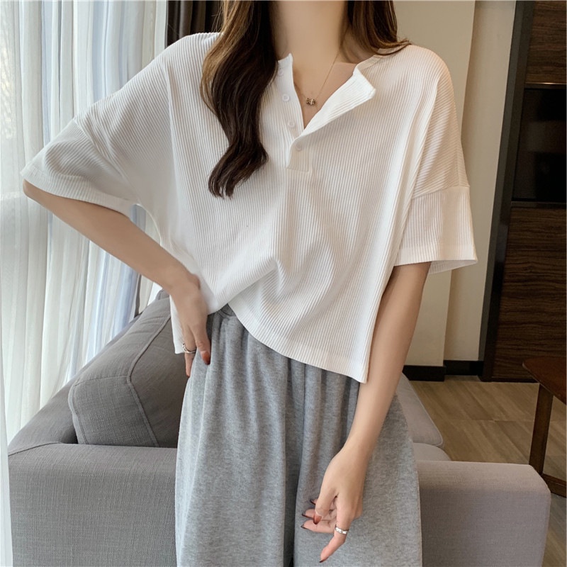 Áo Thun Croptop Dáng Rộng Ngắn Tay Màu Trơn Gài Nút Phong Cách Hàn Quốc Thời Trang Dành Cho Nữ 2022