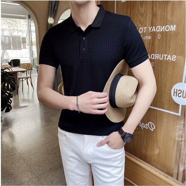 Áo Thun polo Dệt Kim Ngắn Tay Dáng Rộng Màu Trơn Đơn Giản Đa Năng Thời Trang Hàn Quốc Cho Nam simple áo thun nam có cổ fashion áo phông nam có cổ top áo polo nam from rộng