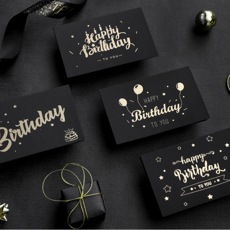 Thiệp chúc mừng sinh nhật Happy birthday đen, thư cảm ơn kèm sticker phong bì trắng đơn giản