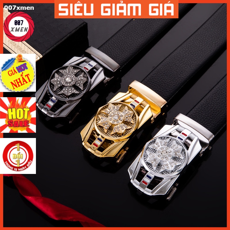 Thắt lưng nam da cao cấp, mặt đính đá xoay 360, khóa tự động mạ kim sang trọng t007