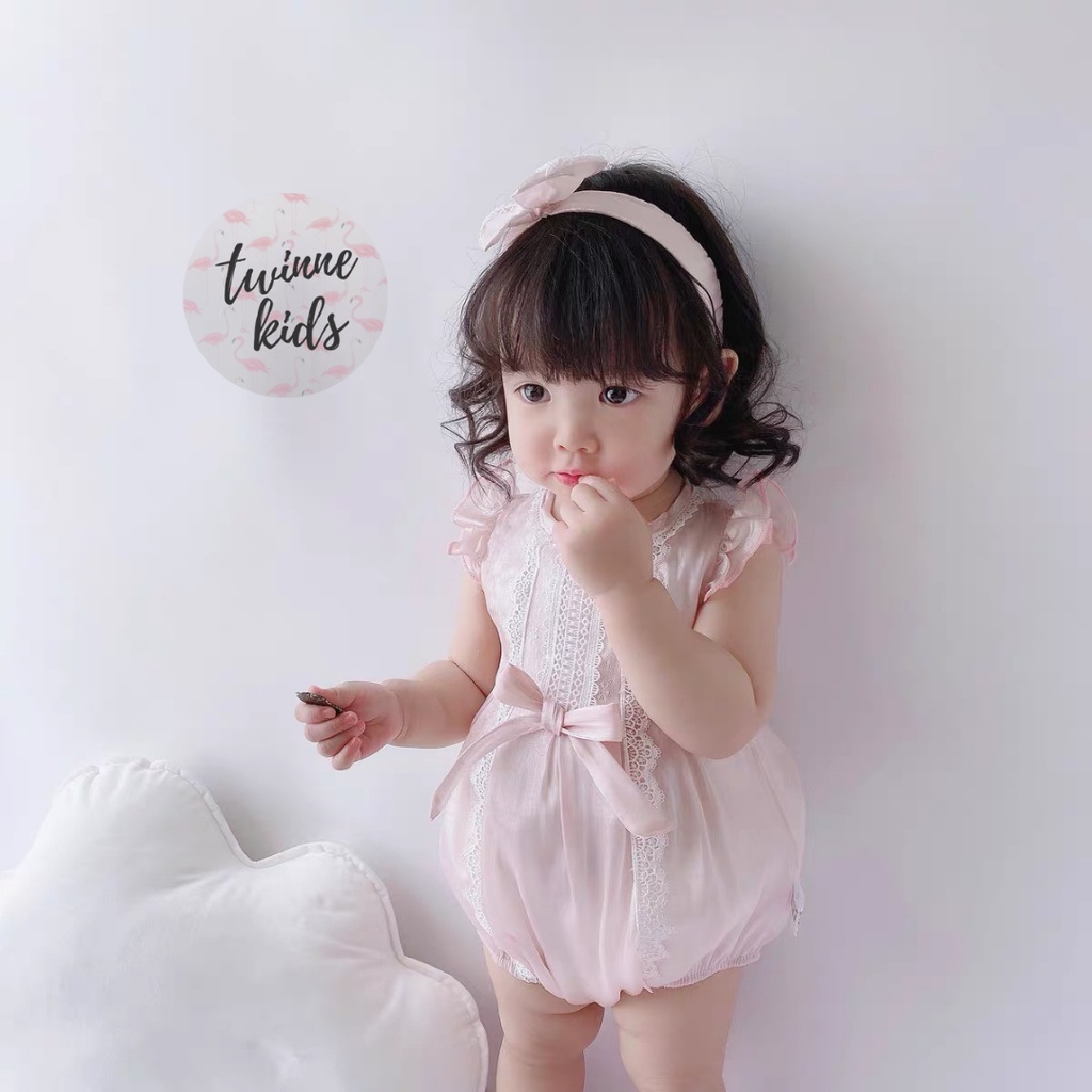 [Charlotte Romper] Set đồ liền thân kèm turban chất liệu voan tơ lót boi mềm cho bé gái 3-24 tháng