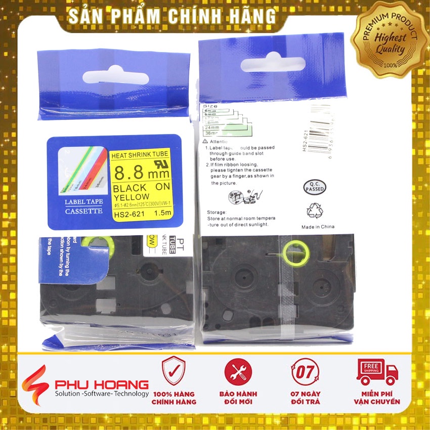 Ống Co Nhiệt HS2-621, chữ đen trên nền vàng, kích thước 8.8mm * 1.5M, máy in nhãn Brother P-Touch, Phu Hoang Company