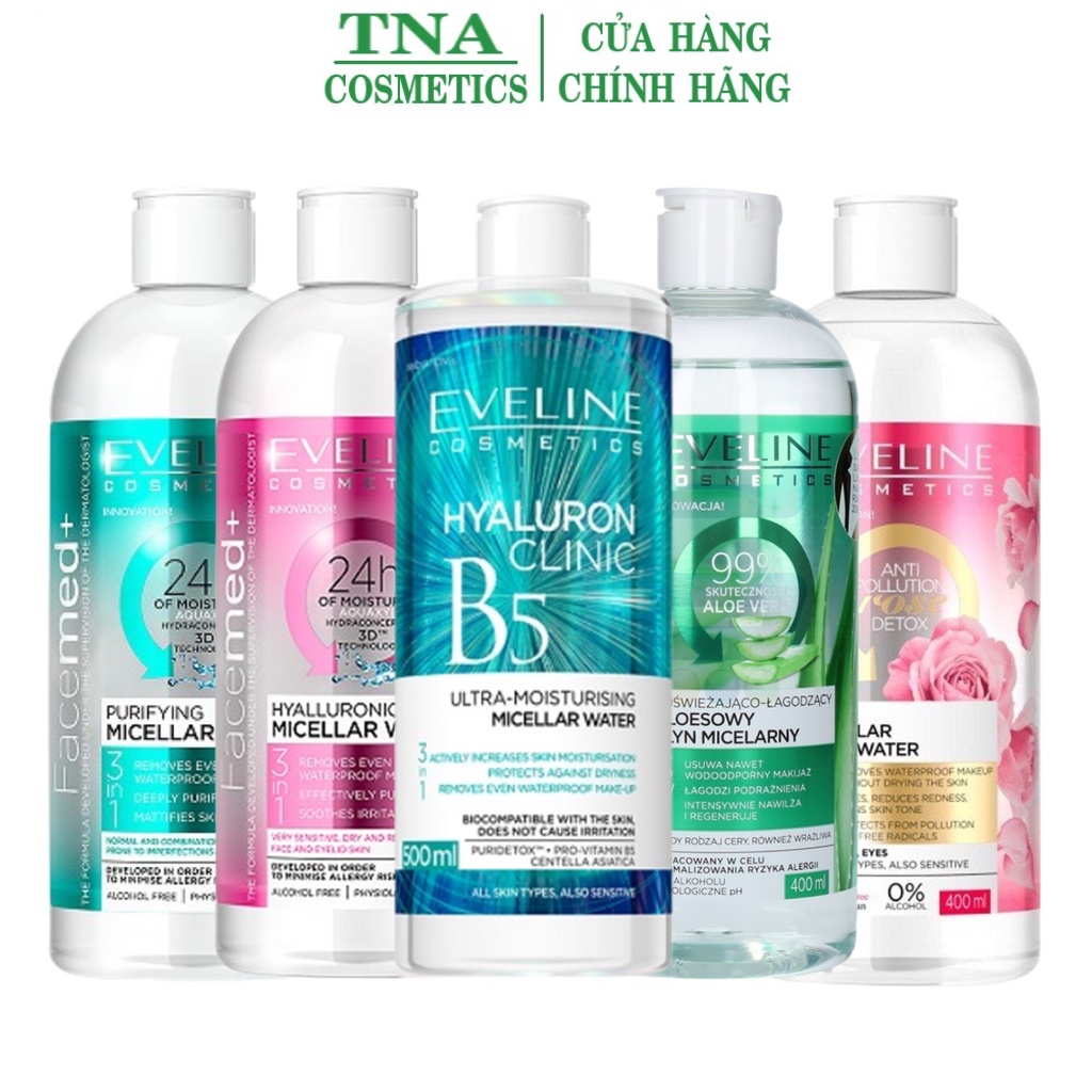 Nước tẩy trang Eveline dịu nhẹ, sạch sâu cấp ẩm phù hợp với mọi làn da, cả da mụn, nhạy cảm