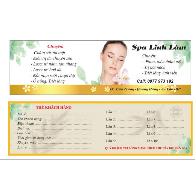 Combo 100 thẻ khách hàng, phiếu liệu trình dành cho cơ sở thẩm mỹ, spa. Mẫu y hình