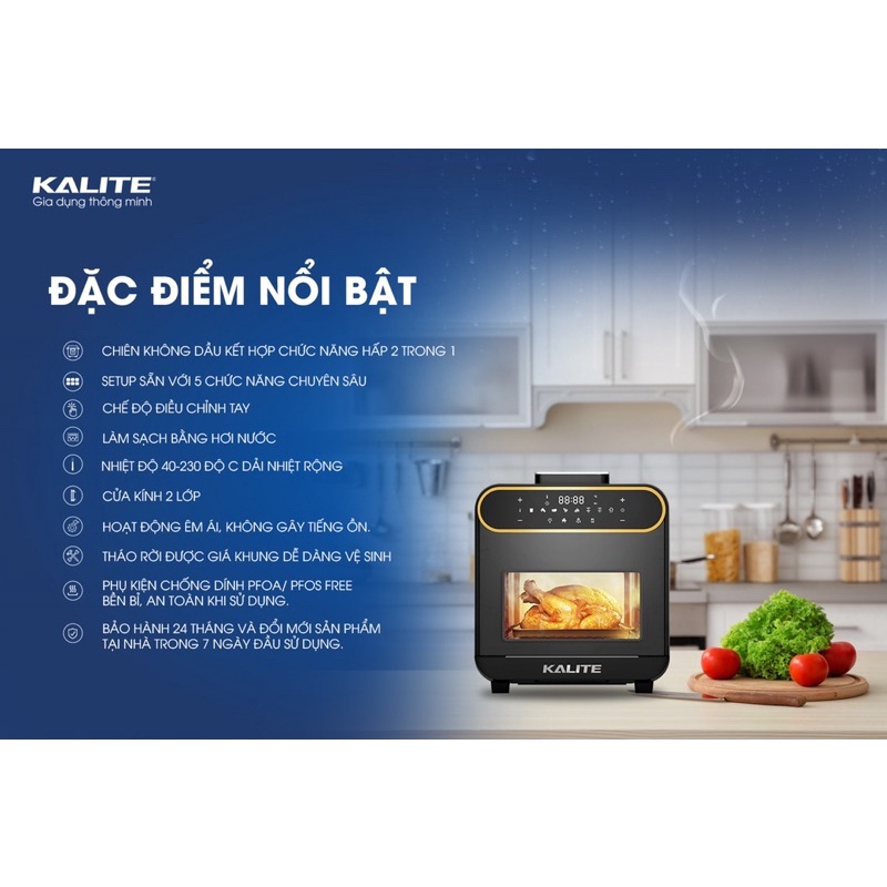 Nồi chiên hơi nước Kalite Steam Pro, công suất 1800w, dung tích 15L, công nghệ chiên hấp đa năng, Bh chính hãng 24 tháng