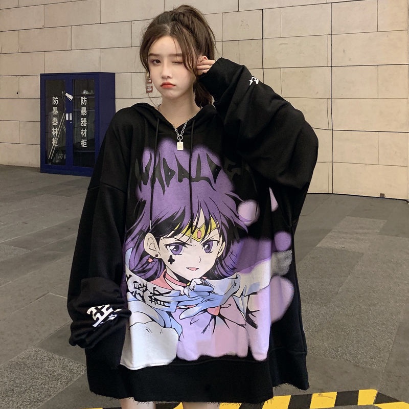 Áo Hoodie Dáng Rộng Họa Tiết Anime Phong Cách Hiphop Cá Tính Cho Nữ