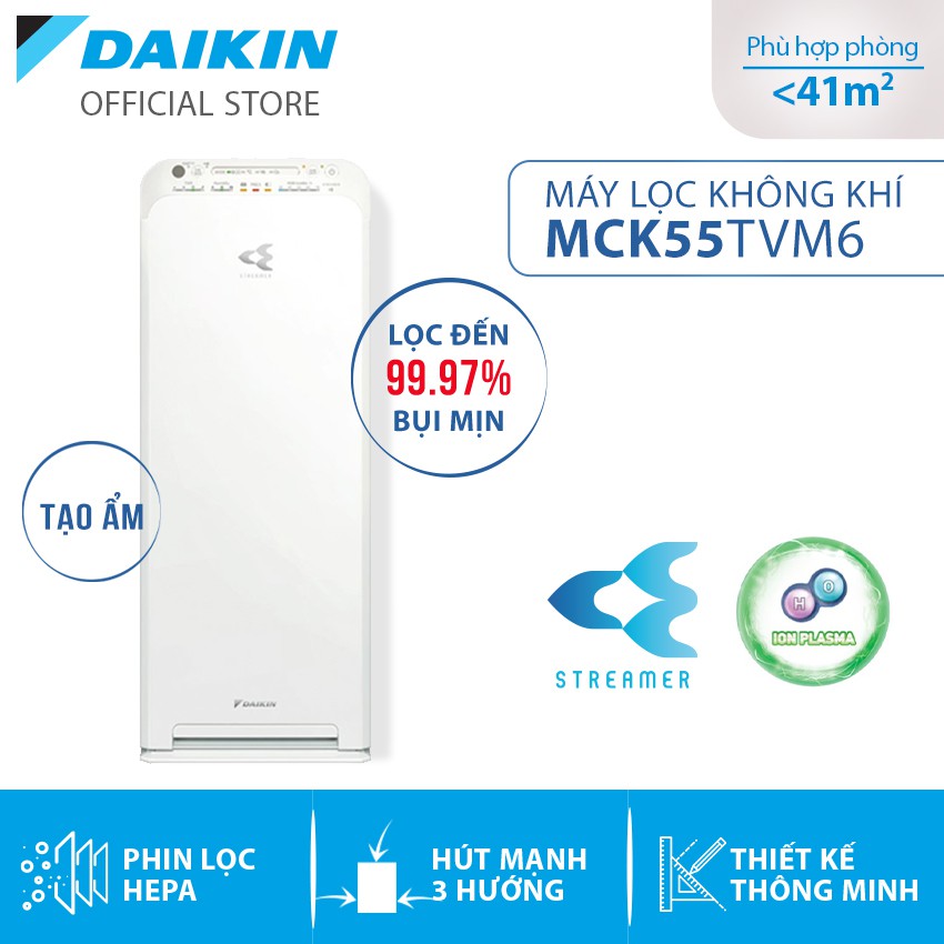 [Mã 12ELSALE1 giảm 5% đơn 3TR] Máy Lọc không khí tạo ẩm Daikin MCK55TVM6 - Phù hợp phòng 41m2-Công nghê Streamer