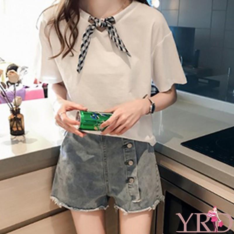 Áo phông trắng cotton nơ cổ dáng rộng tay lỡ hàn quốc Áo thun trắng
