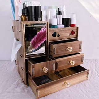 HỘP GỖ SÁNG TẠO ĐỰNG TRANG SỨC ĐỒ TRANG ĐIỂM - TỦ ĐỰNG MỸ PHẨM 4 TẦNG CÓ GƯƠNG VÀ HỌC KHĂN GIẤY