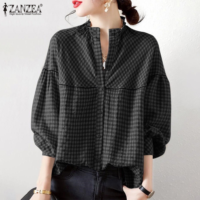 Áo kiểu ZANZEA cổ tròn dáng rộng in họa tiết sọc ca rô phối nút cài thời trang công sở dành cho nữ
